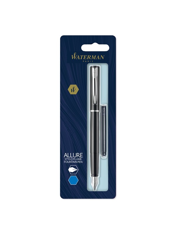 Waterman Allure fyldepen | Sort lak | Fin nib | Blåt blæk