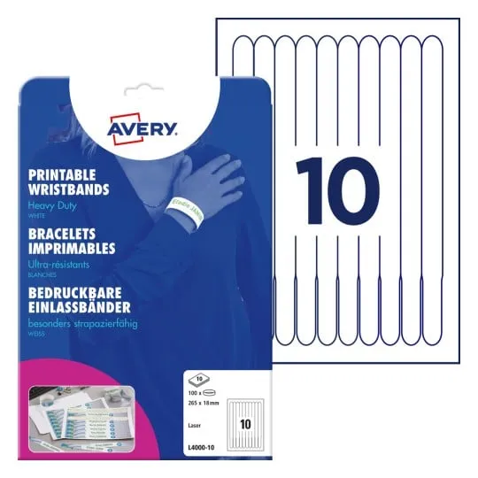 Armbånd Avery 265X18 Mm Hvid, Pvc-Fri, Printbare Armbånd Til Laserprinter - (10 Ark X 10 Stk.)