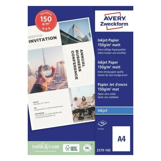 Fotopapir Avery Zweckform Superior Inkjet A4 (210X297 Mm) Hvid Mat 150G/M² - (100 Ark)