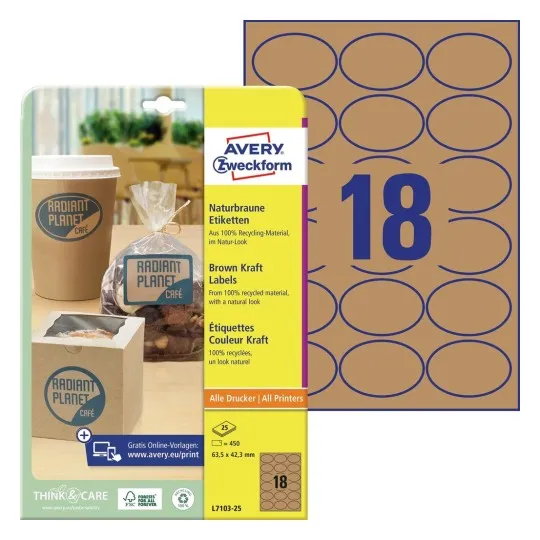 Etiketter Avery Oval 63,5X42,3 Mm Brun, 100% Genbrugspapir - (25 Ark X 18 Stk.)