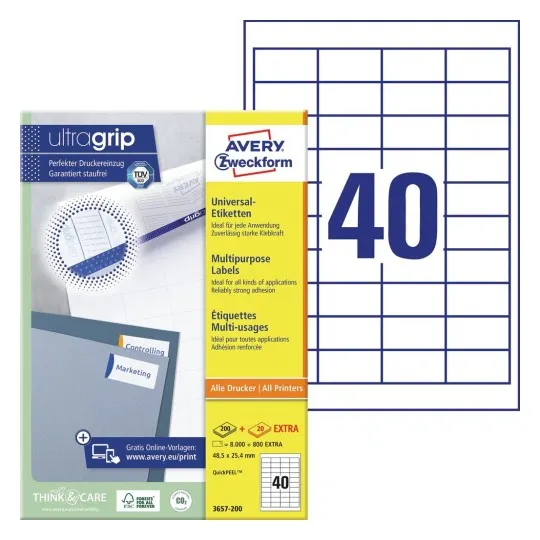Etiketter Avery 48.5X25.4 Mm Hvid Universal Med Quickpeel™ & Ultragrip - (100 Ark X 40 Stk.)