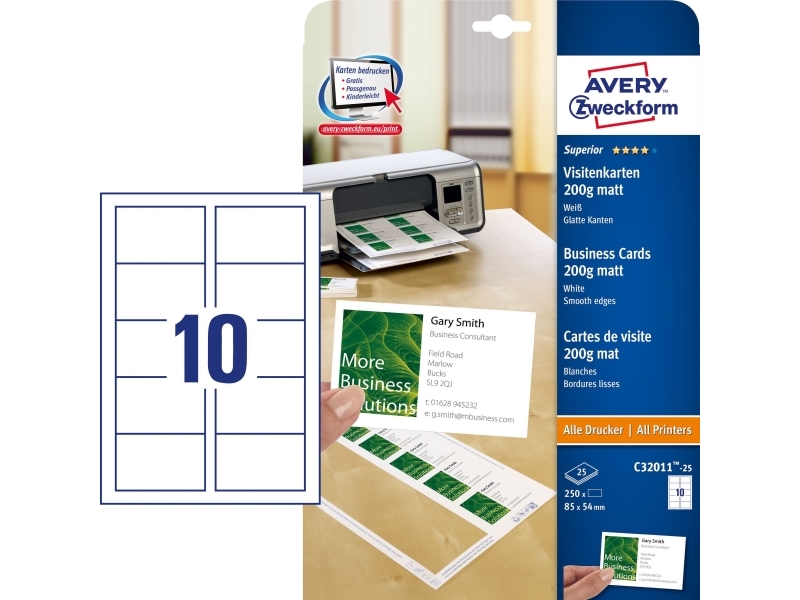 Avery C32011-25, Hvid, Rektandel, Karton, 200 G/M², Laser/Inkjet, 8,5 Cm