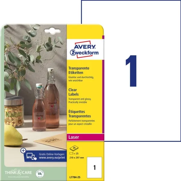 Laseretiket Avery Crystal Clear 210X297 Mm Gennemsigtig - (25 Stk.)