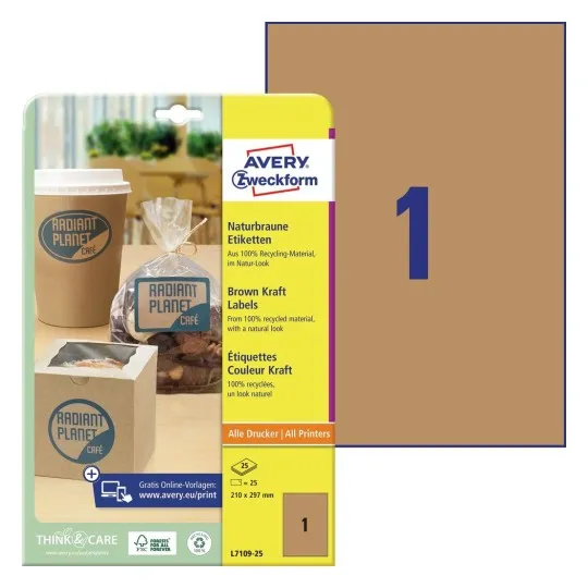 Produktetiketter Avery 210X297 Mm (A4) Brun Genbrugspapir - (25 Ark X 1 Stk.)