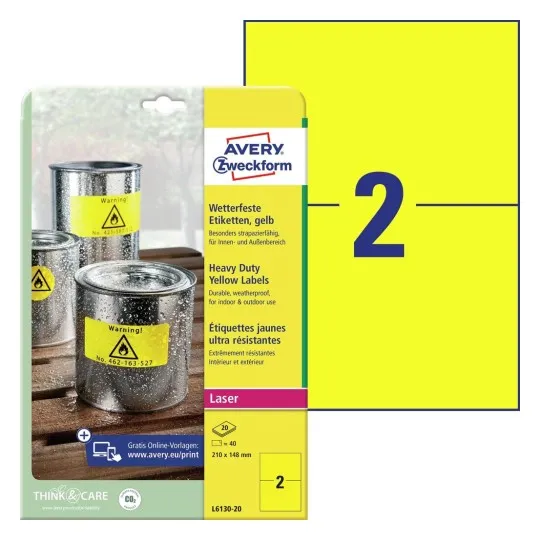 Etiketter Avery 210X148 Mm (A5) Gul Permanent - Til Udendørs Brug - Ekstra Holdbare - (20 Ark X 2 Stk.)