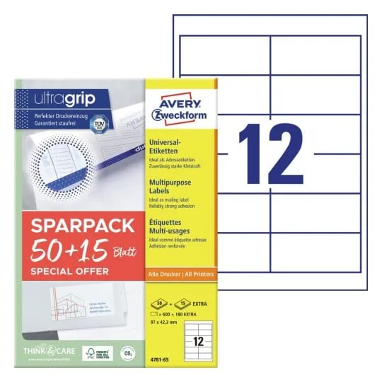 Universaletiketter Avery 97X42,3 Mm, Hvid Med Ultragrip + 30% Ekstra Indhold - (65 Ark X 12 Stk.)