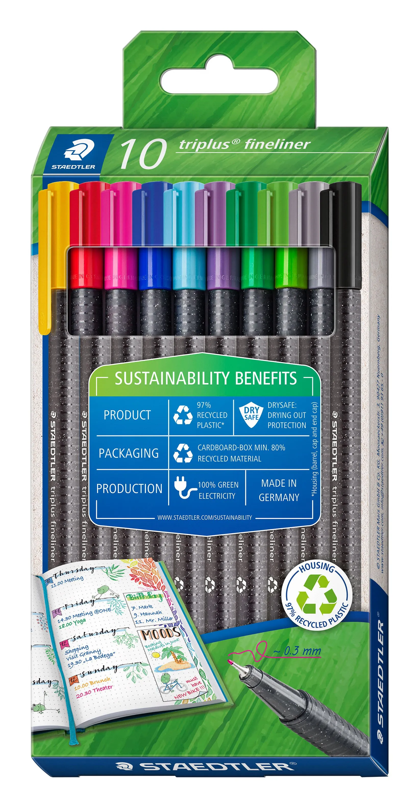 Staedtler Triplus 0,3 Mm, Fineliner, - Med 10 Stk. Ass. Farver