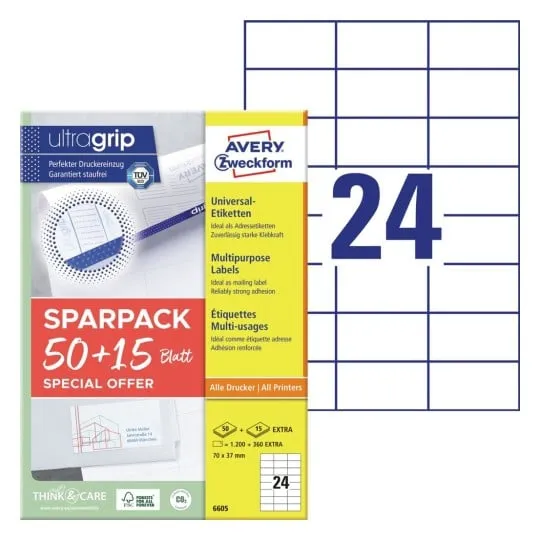 Universaletiketter Avery 70X37 Mm, Hvid Med Ultragrip + 30% Ekstra Indhold - (65 Ark X 24 Stk.)