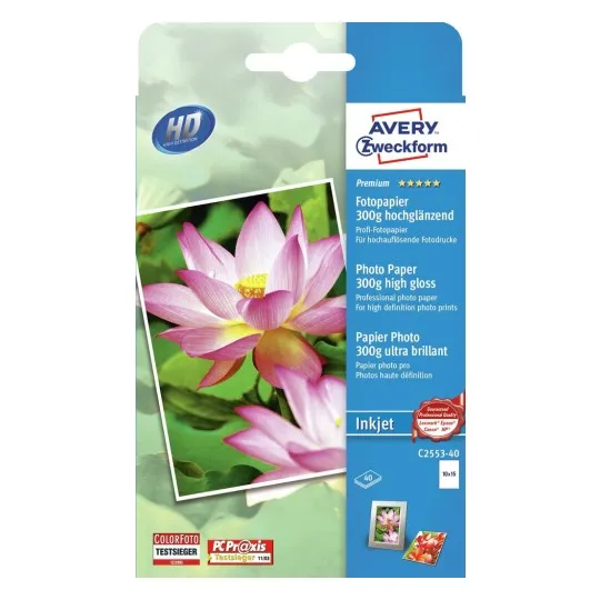 Fotopapir Avery 10X15 Cm Hvid Premium Glossy, 300 G/M², Inkjet - (40 Ark)