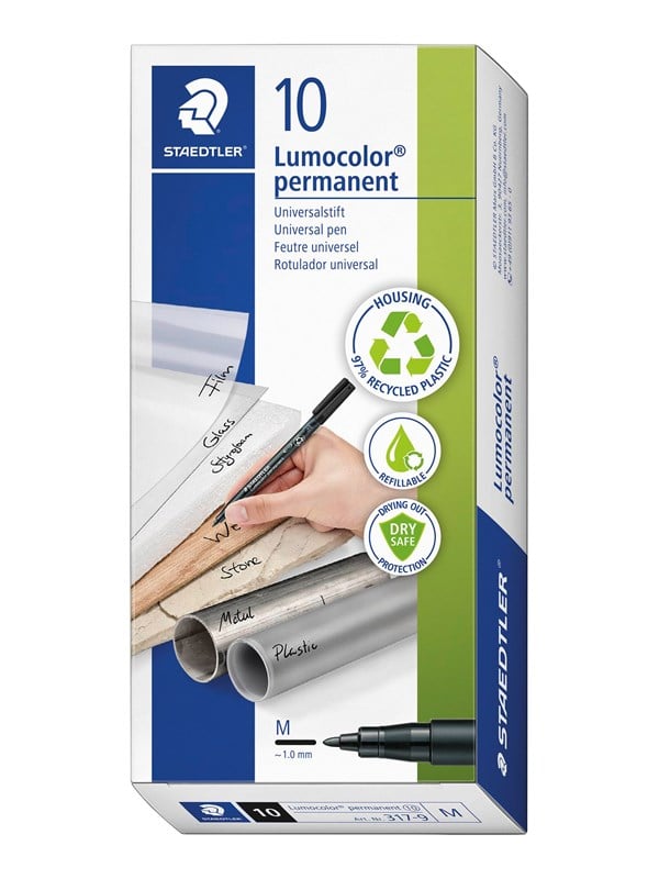 Staedtler LUMOCOLOR PERMANENT M 1,0 mm SORT, ÆSKE 10 STK