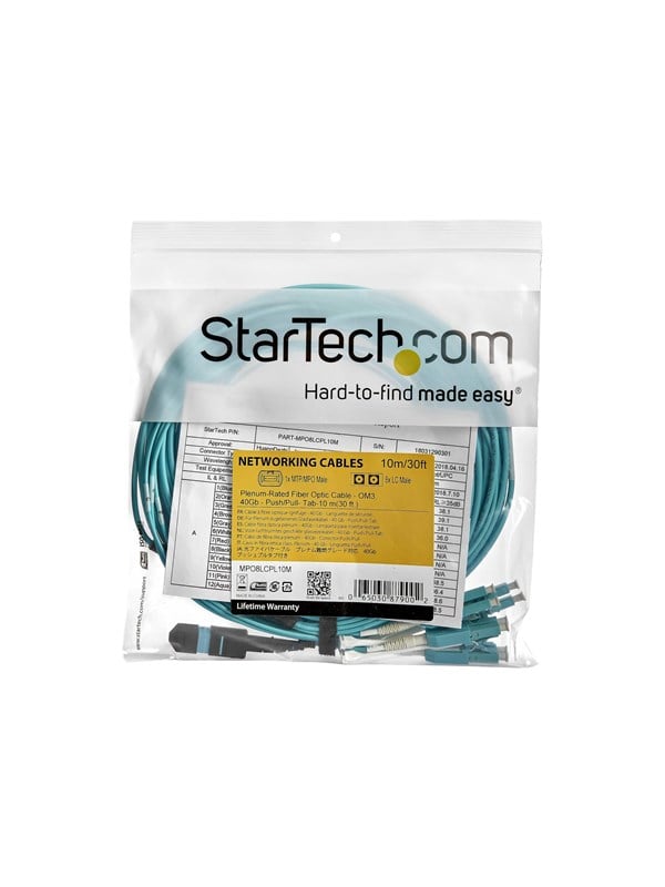 StarTech.com MTP to LC Breakout Cable - 30 ft / 10m - OM3 Multimode - 40Gb - Pull Tab - Plenum - MPO / MTP Connector - Fiber Optic Cable (MPO8LCPL10M) - breakout cable - 10 m - aqua - Blå - 10 meter
